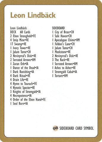Image for 1996 Leon Lindback Decklist Card [World Championship Decks]