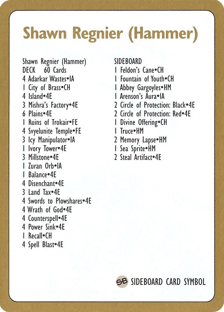 Image for 1996 Shawn "Hammer" Regnier Decklist Card [World Championship Decks]