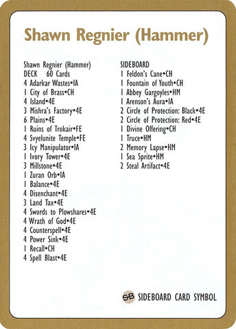 Image for 1996 Shawn "Hammer" Regnier Decklist Card [World Championship Decks]