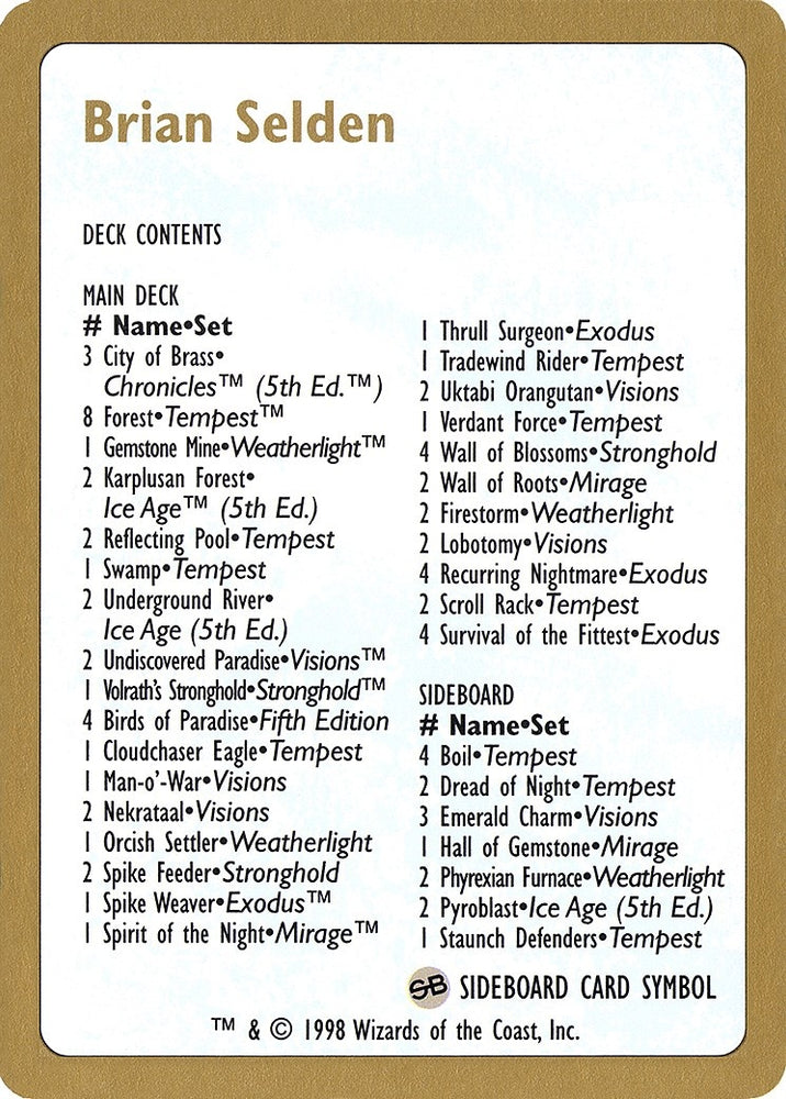 Image for 1998 Brian Selden Decklist Card [World Championship Decks]