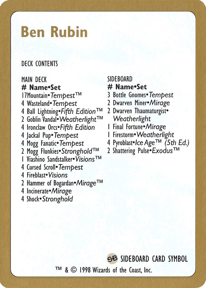 Image for 1998 Ben Rubin Decklist Card [World Championship Decks]