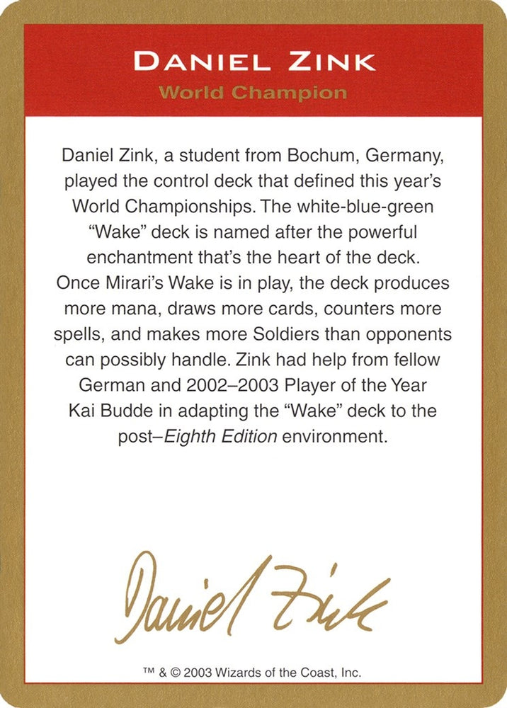 Image for 2003 Daniel Zink Biography Card [World Championship Decks]