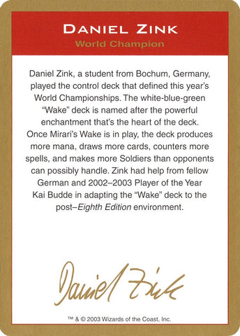 Image for 2003 Daniel Zink Biography Card [World Championship Decks]