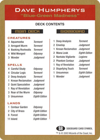Image for 2003 Dave Humpherys Decklist Card [World Championship Decks]