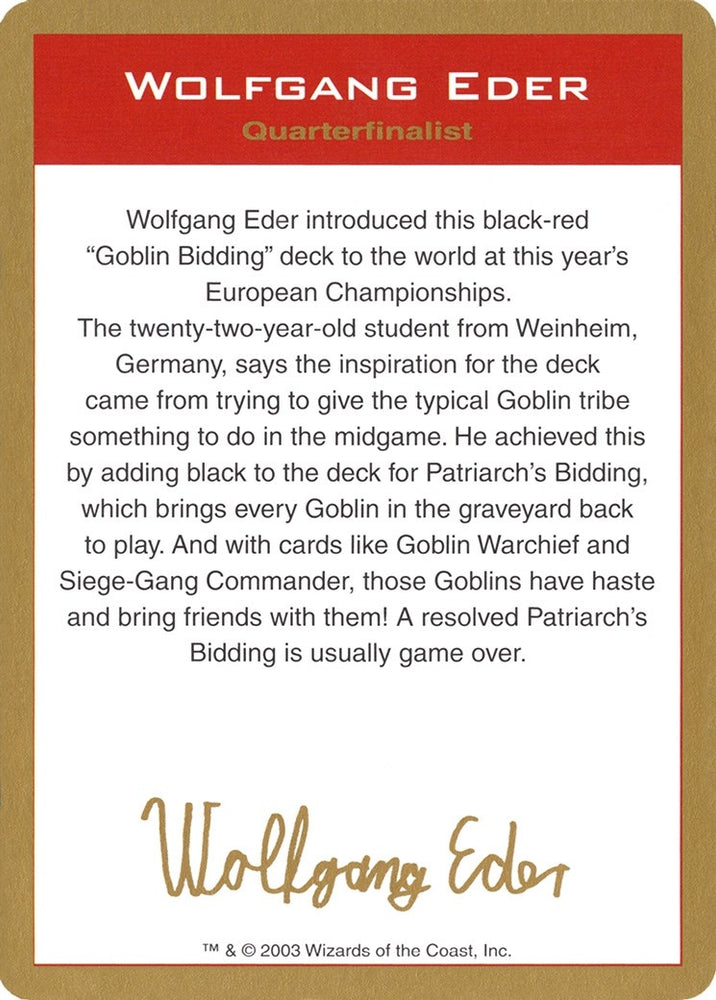 Image for 2003 Wolfgang Eder Biography Card [World Championship Decks]