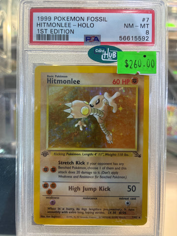 1999 POKEMON FOSSIL #7 HITMONLEE-HOLO 1ST EDITION PSA 8