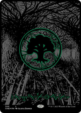 Image for Forest (Phyrexian) - Full Art (Oil Slick Raised Foil) (369) [Phyrexia: All Will Be One]