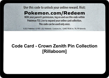Image for Code Card - Crown Zenith Pin Collection [Rillaboom] - Pokemon
