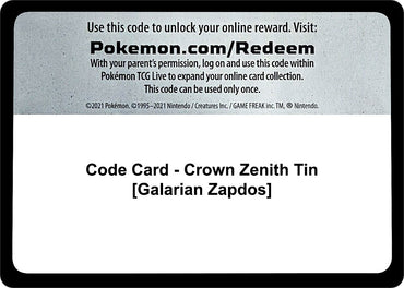 Image for Code Card - Crown Zenith Tin [Galarian Zapdos] - Pokemon