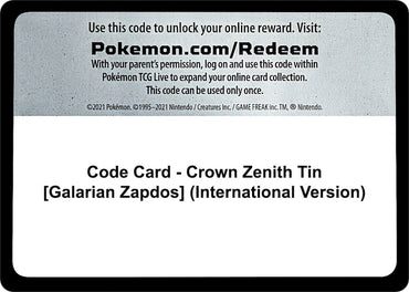 Image for Code Card - Crown Zenith Tin [Galarian Zapdos] (International Version) - Pokemon