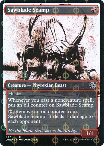 Image for Sawblade Scamp (Showcase) (Step-and-Compleat Foil) (447) [Phyrexia: All Will Be One]
