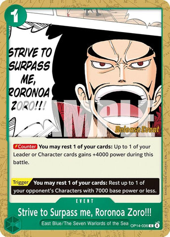 Image for Strive to Surpass me, Roronoa Zoro!!! (OP14-036) (The Azure Sea's Seven Release Event Cards) - One Piece Card Game