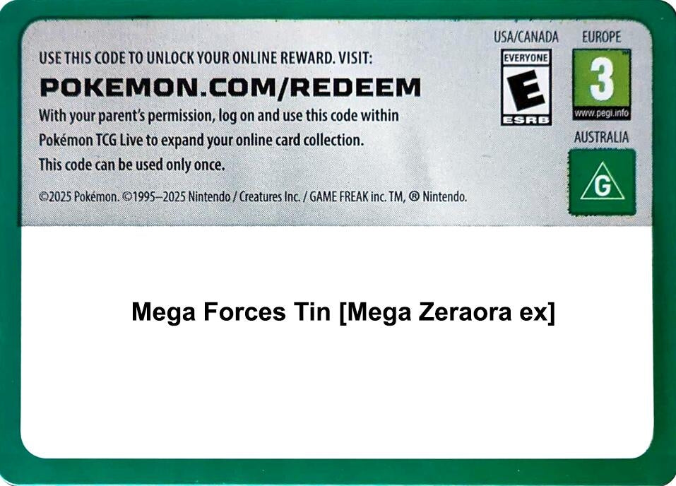 Image for Code Card - Mega Forces Tin [Mega Zeraora ex] (Miscellaneous Cards & Products) (MCAP) - Pokemon