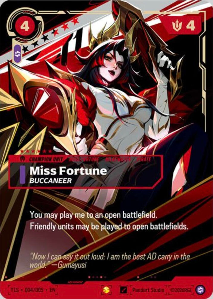 Image for Miss Fortune, Buccaneer (T1 Worlds Champion Signature Edition Bundle) (T1S 004/005) (Riftbound Promotional Cards) (PR) - Riftbound: League of Legends Trading Card Game