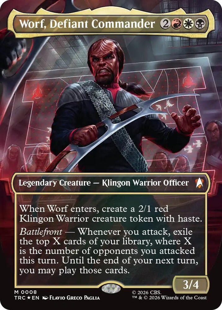 Image for Worf, Defiant Commander (Borderless) (Surge Foil) (8) (Commander: Star Trek) (TRC) - Magic: The Gathering