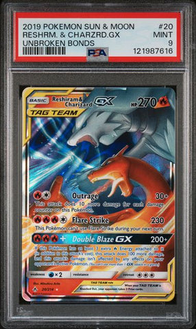 2019 POKEMON SUN & MOON UNBROKEN BONDS #20 RESHRM. & CHARZRD.GX UNBROKEN BONDS PSA 9