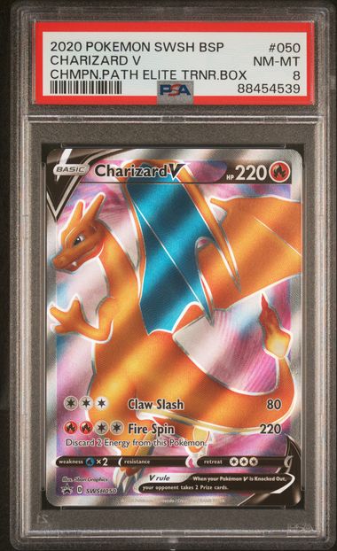 2020 POKEMON SWSH BLACK STAR PROMO #050 CHARIZARD V CHMPN.PATH ELITE TRNR.BOX PSA 8