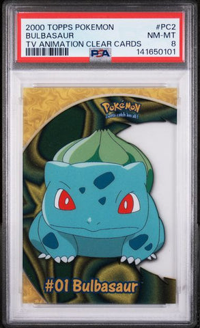 2000 TOPPS POKEMON TV ANIMATION CLEAR CARDS #PC2 BULBASAUR TV ANIMATION CLEAR CARDS PSA 8