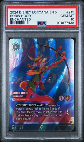 2024 DISNEY LORCANA EN 5-SHIMMERING SKIES #215 ROBIN HOOD ENCHANTED PSA 10