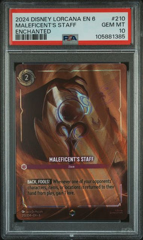 2024 DISNEY LORCANA EN 6-AZURITE SEA #210 MALEFICENT'S STAFF ENCHANTED PSA 10