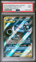 2019 POKEMON SUN & MOON COSMIC ECLIPSE #214 BLASTOISE & PIPLUP GX COSMIC ECLIPSE-FA PSA 9