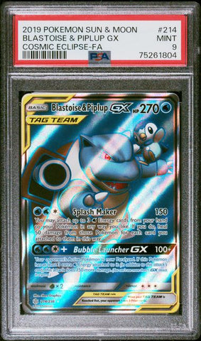 2019 POKEMON SUN & MOON COSMIC ECLIPSE #214 BLASTOISE & PIPLUP GX COSMIC ECLIPSE-FA PSA 9