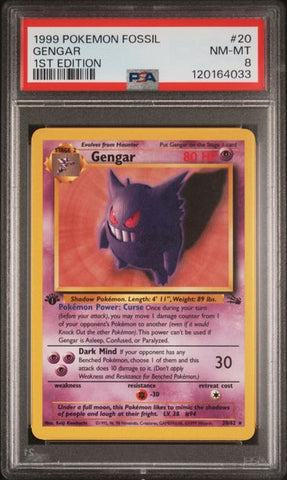 1999 POKEMON FOSSIL #20 GENGAR 1ST EDITION PSA 8