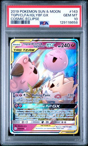 2019 POKEMON SUN & MOON COSMIC ECLIPSE #143 TGPI/CLFA/IGLYBF.GX COSMIC ECLIPSE PSA 10