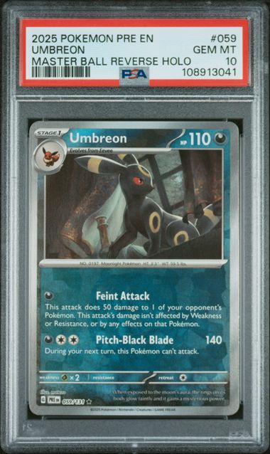 2025 POKEMON PRE EN-PRISMATIC EVOLUTIONS #059 UMBREON MASTER BALL REVERSE HOLO PSA 10